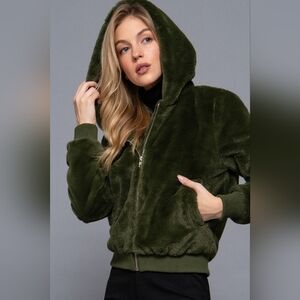 Luxurious Faux Fur Zip-up Hoodie Jacket-Olive Green